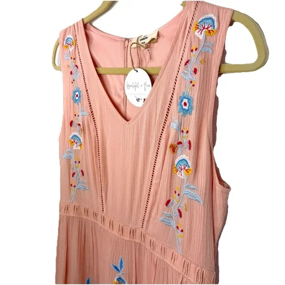Entro Peach Embroidered Midi Dress Boho Floral Sleeveless Empire Waist Size L - Picture 5 of 14